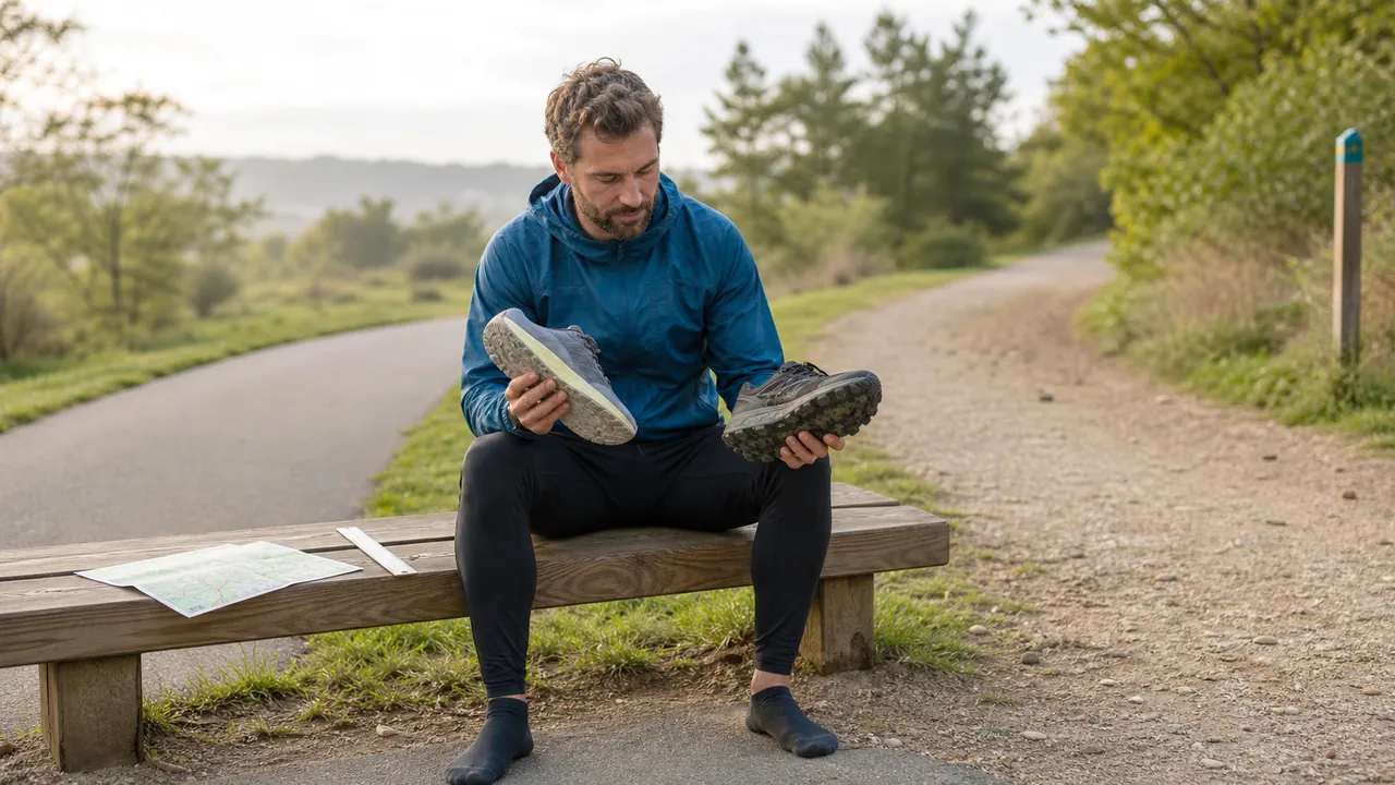 Runner comparing generic road and trail shoe outsoles beside paved and gravel paths