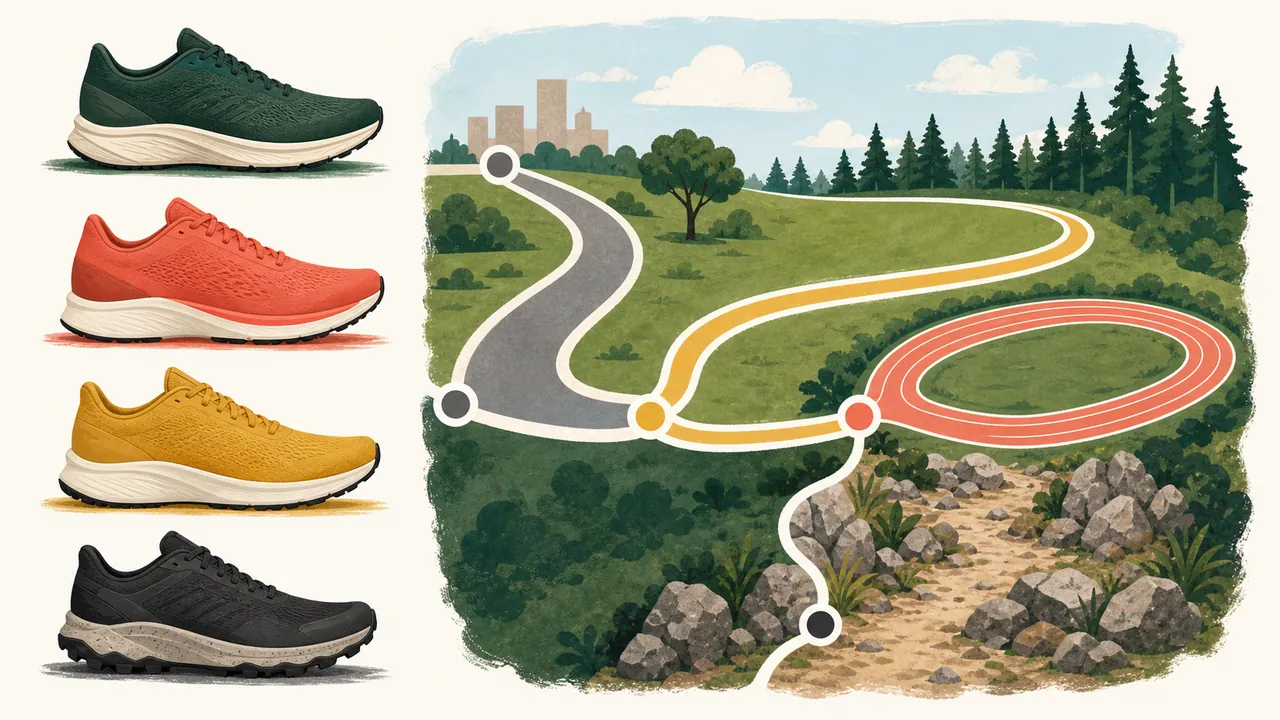 Four generic unbranded running shoes beside road, faster-session, and rocky-trail route cues