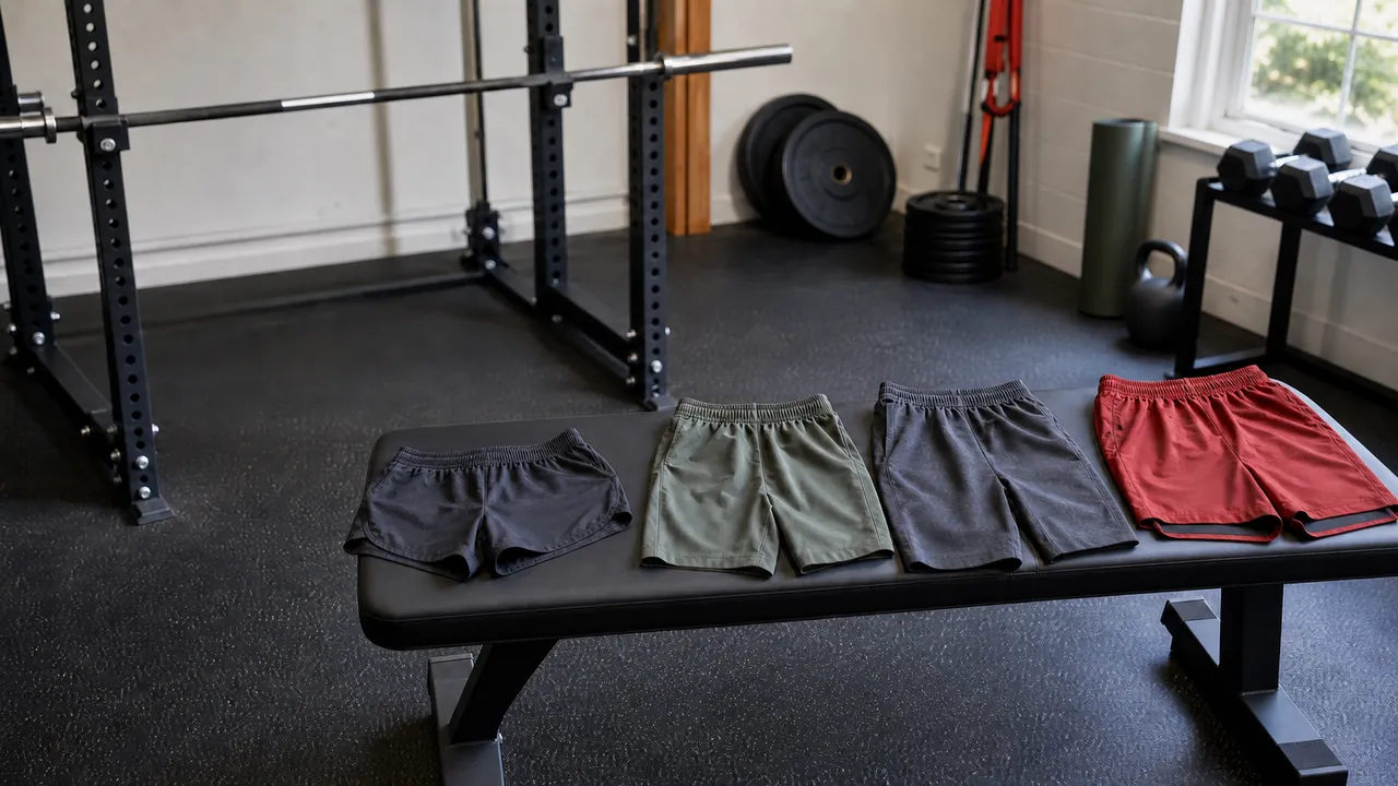 Four unbranded pairs of training shorts on a bench beside a squat rack