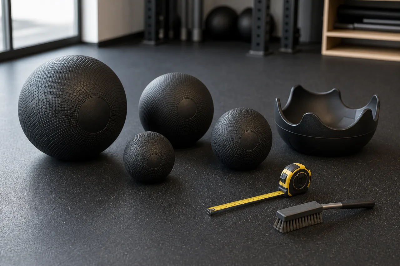 Generic textured slam balls of different diameters on a smooth rubber gym floor with measuring and cleaning tools