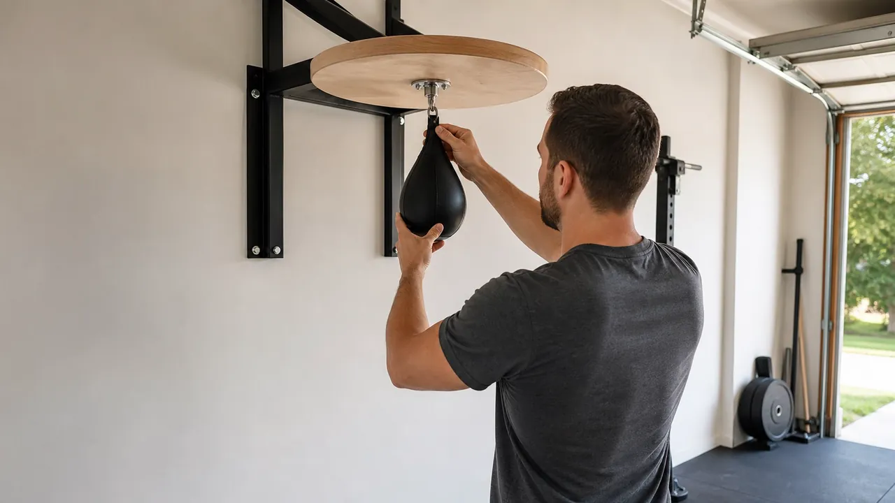 An unbranded speed bag being aligned beneath a plain platform in a garage gym