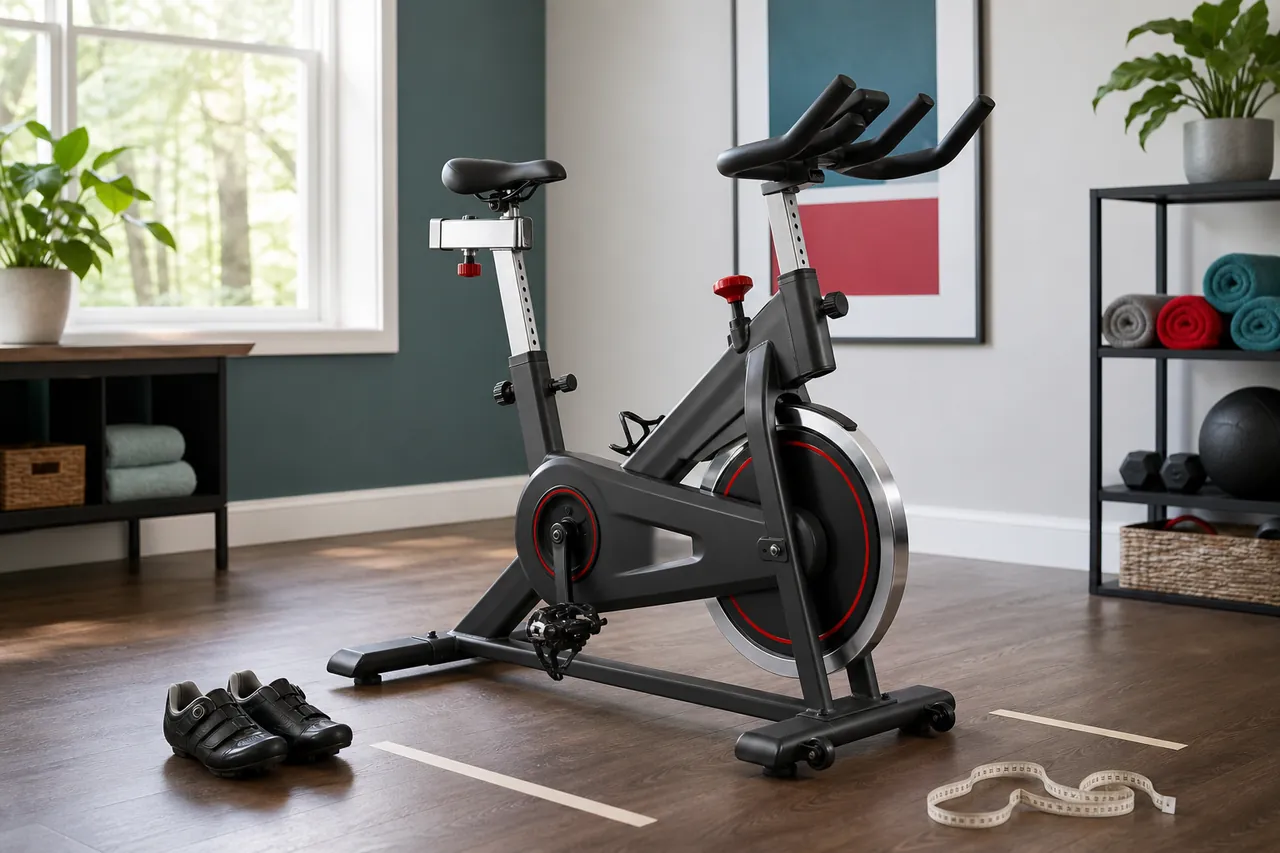 Generic unbranded indoor cycling bike beside a tape measure in a home workout room