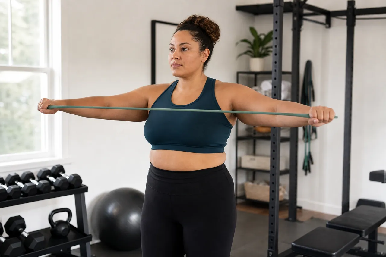 Adult athlete in unbranded sportswear doing a standing resistance-band exercise in a home gym