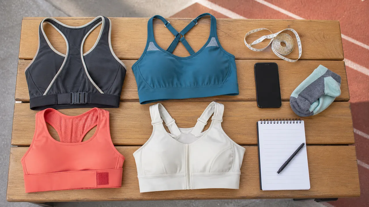 Four generic sports-bra constructions with a tape, phone, socks, and blank fit checklist on a running-track bench