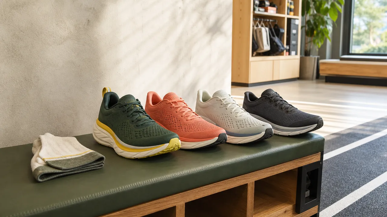Four generic unbranded road-running shoes on a fitting bench