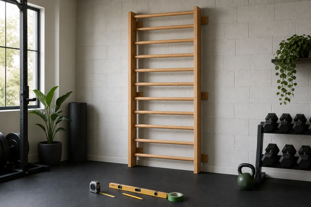 Unbranded wooden stall bars on a masonry wall with a level and tape measure on the gym floor