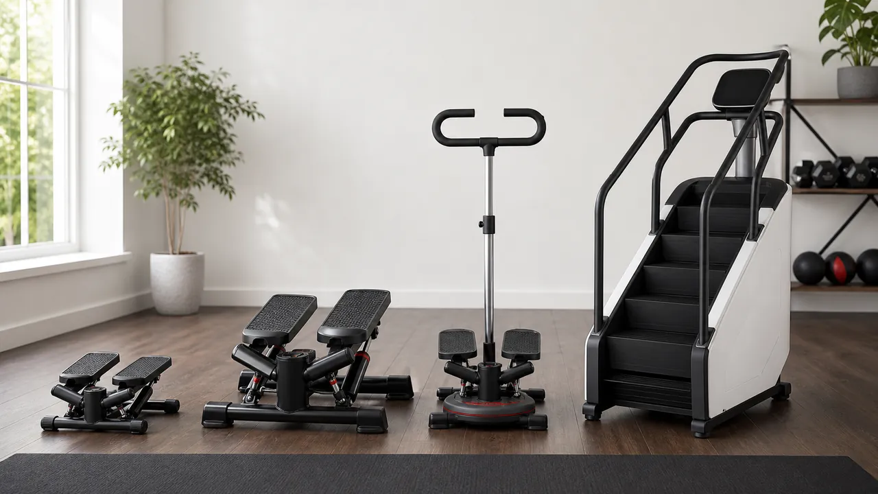 Four generic unbranded stepper formats in a bright home gym