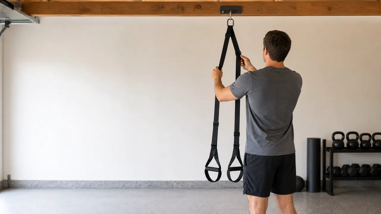 An unbranded suspension trainer being checked at a plain overhead anchor in a home gym