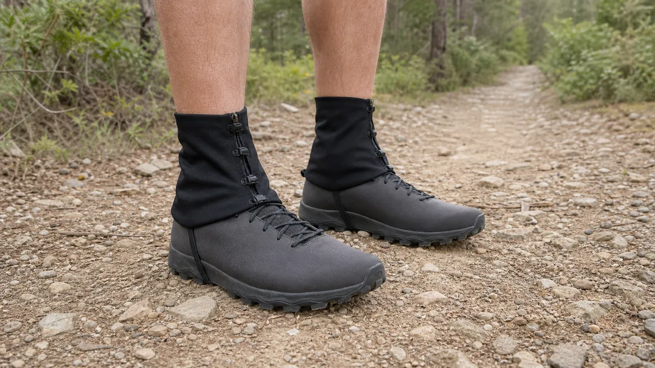 Anonymous runner in plain unbranded low gaiters and charcoal trail shoes on a dry gravel trail