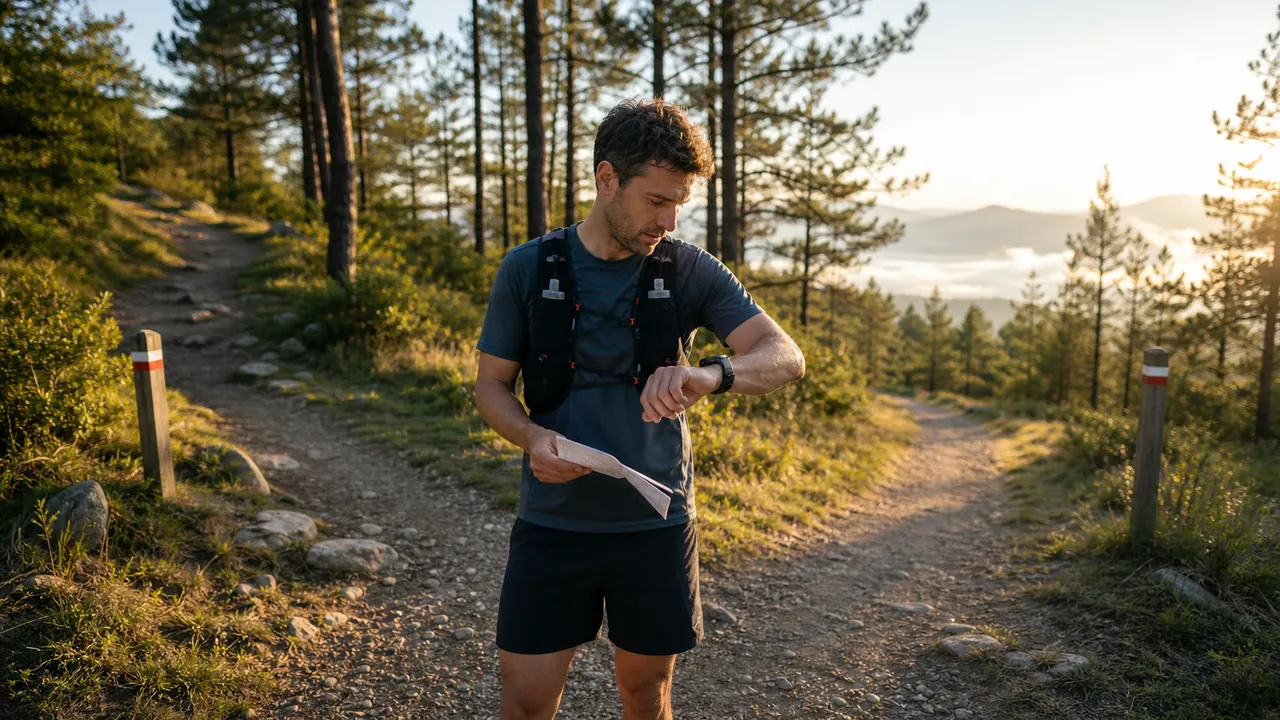 Trail runner checking an unbranded watch at a path junction while holding a paper route