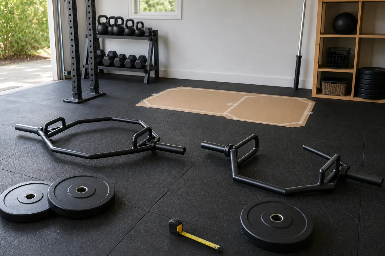 Generic open and closed trap bars beside plates, a tape measure and a cardboard floor outline in a home gym