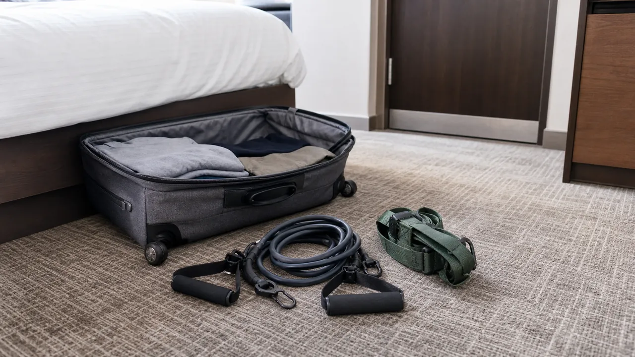 Unbranded resistance tubes and webbing laid beside an open suitcase in a hotel room