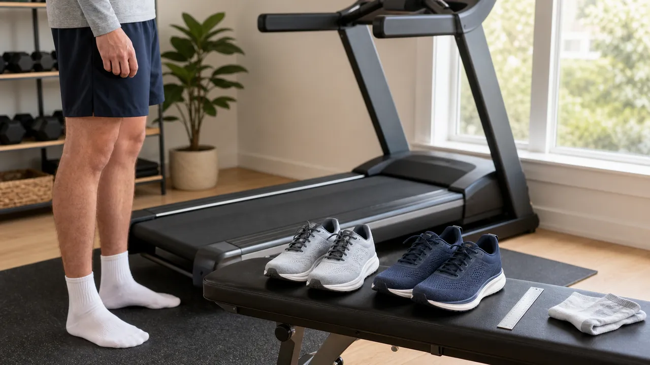 Runner comparing two pairs of unbranded shoes beside a home treadmill