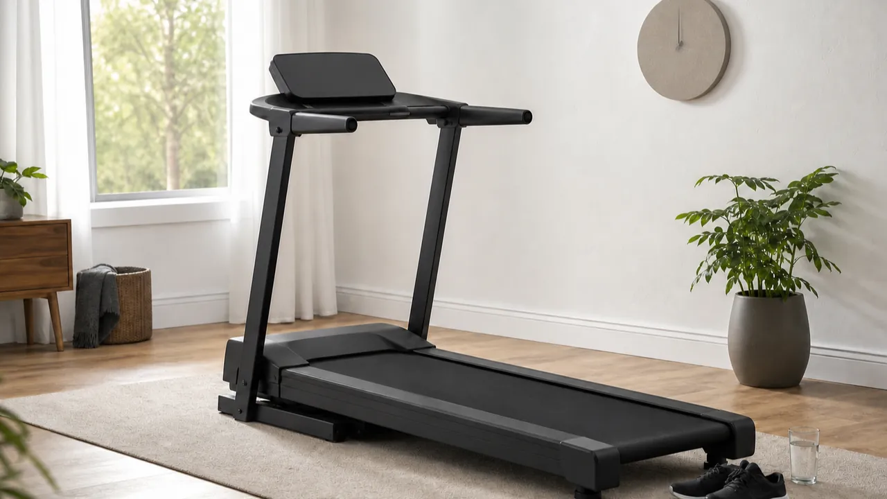Generic unbranded walking treadmill in a bright spare room