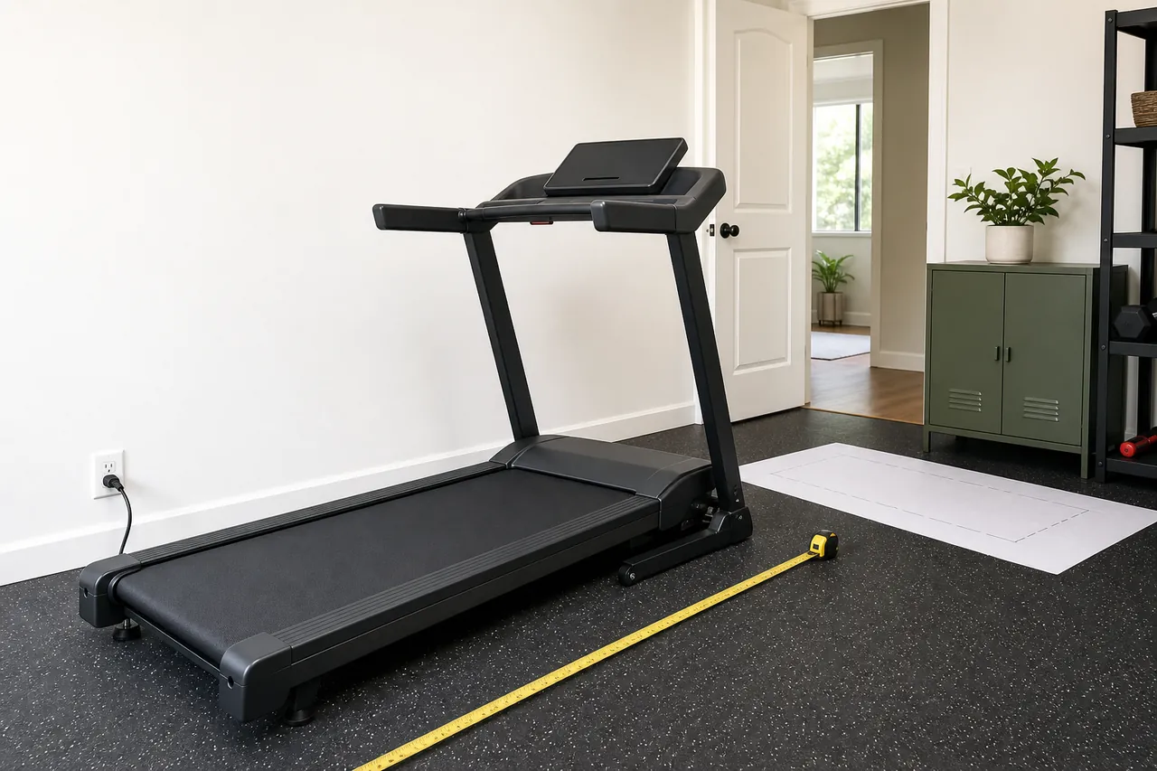 Unbranded folding treadmill in a spare room beside a tape measure, doorway template and wall outlet