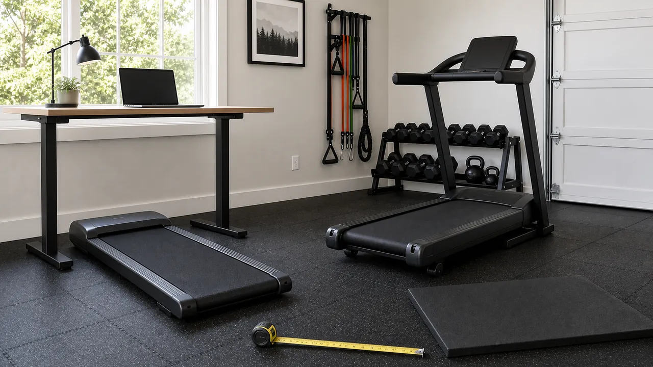 Home gym with a full-size treadmill, an under-desk walking pad oriented perpendicular to a standing desk, rubber flooring, and a measuring tape for clearance planning
