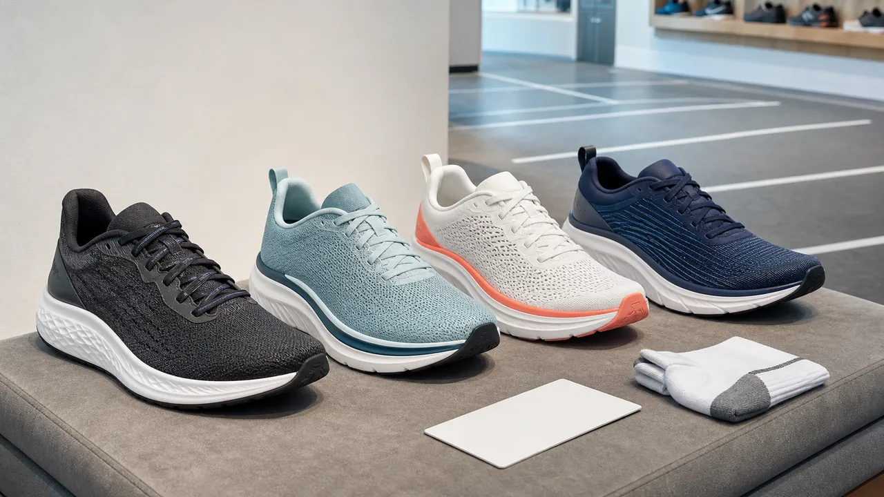 Four unbranded road running shoes on an indoor fitting bench