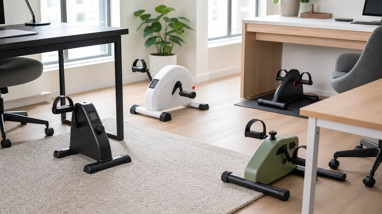Four generic unbranded compact pedal bikes arranged beneath different work desks