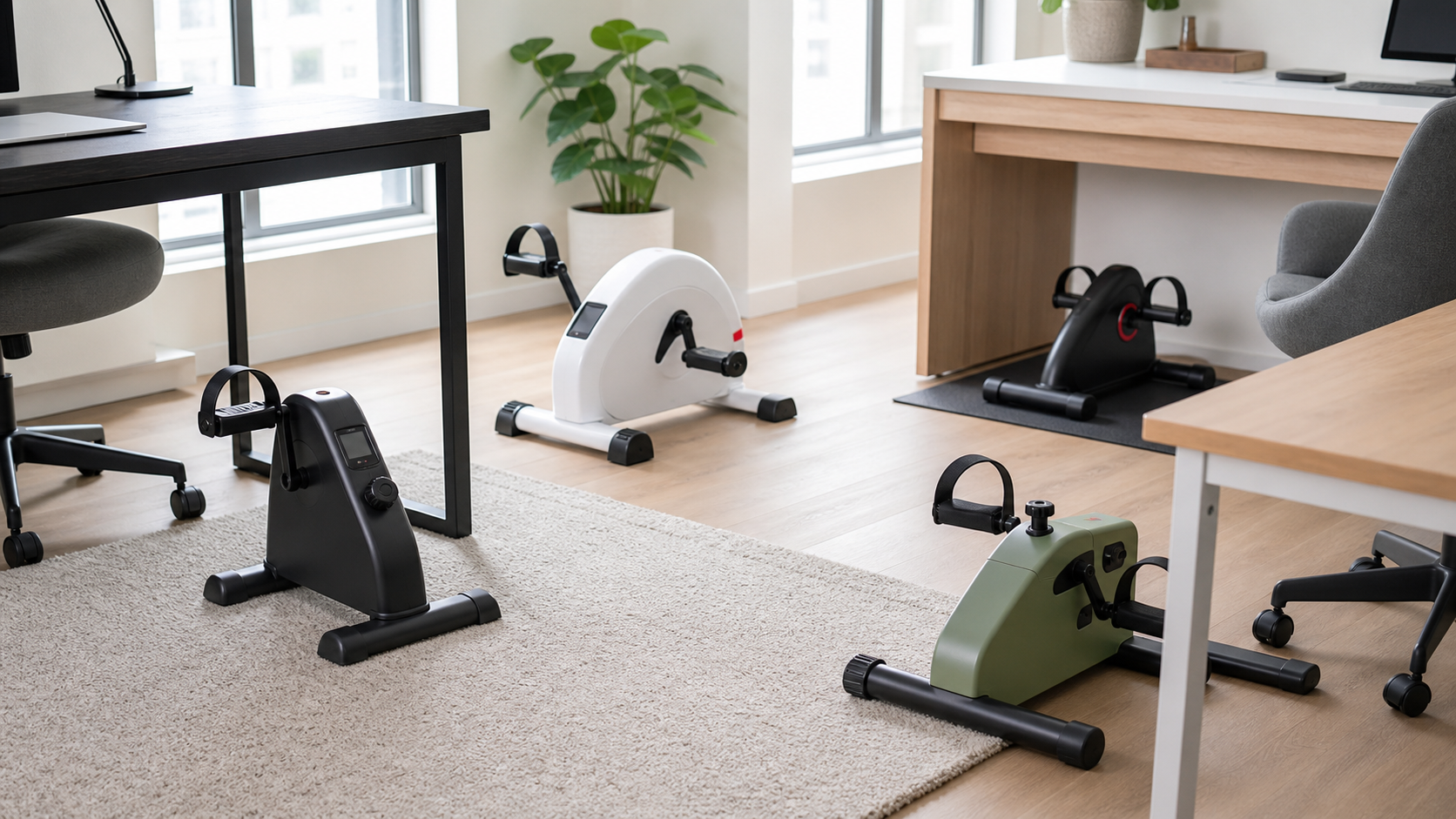 Four generic unbranded compact pedal bikes arranged beneath different work desks