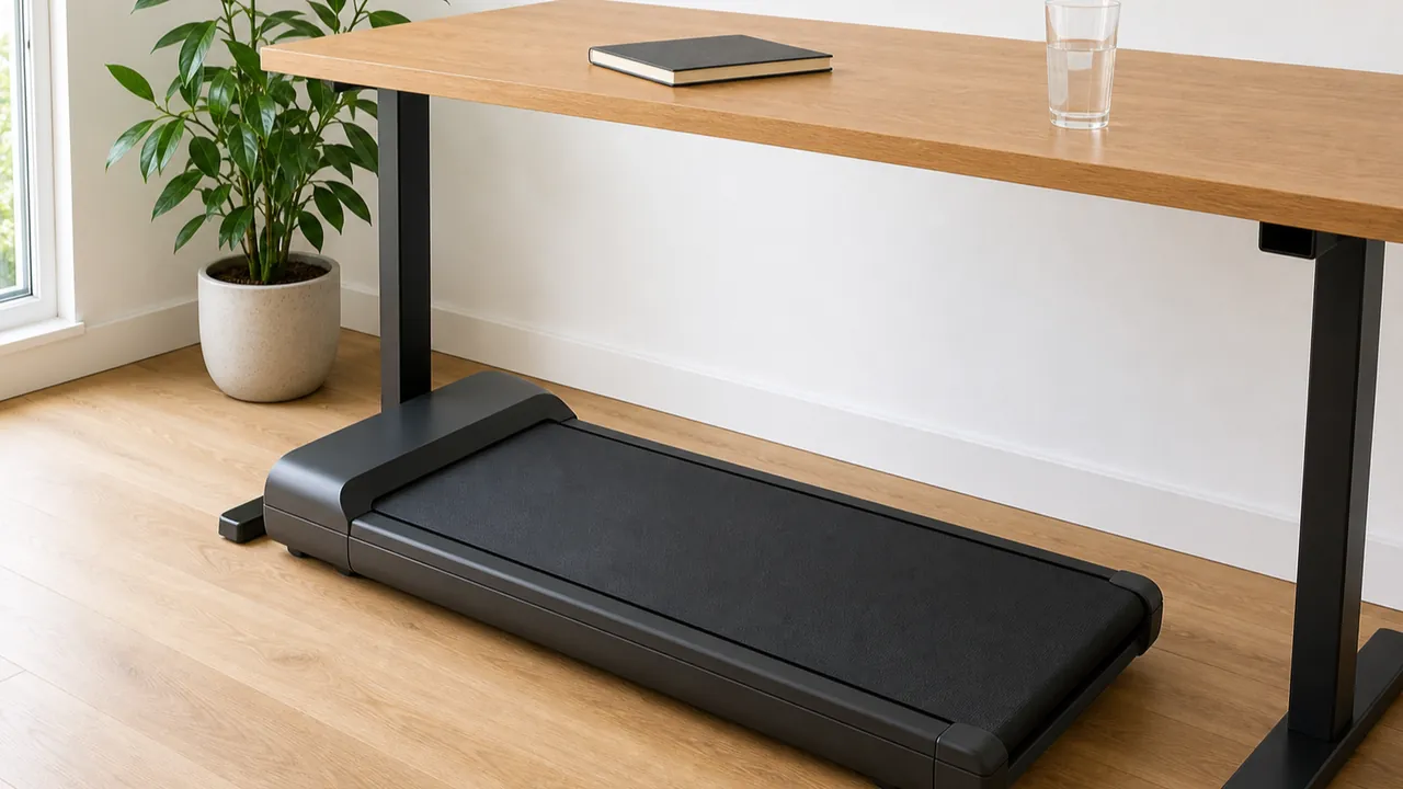 Generic unbranded walking pad beneath a standing desk in a home office