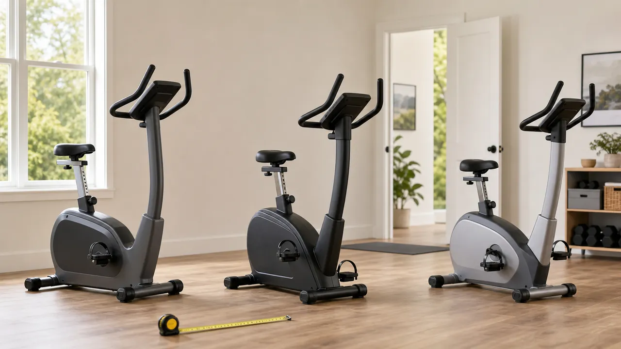 Three generic upright exercise bikes beside a tape measure in a bright home gym