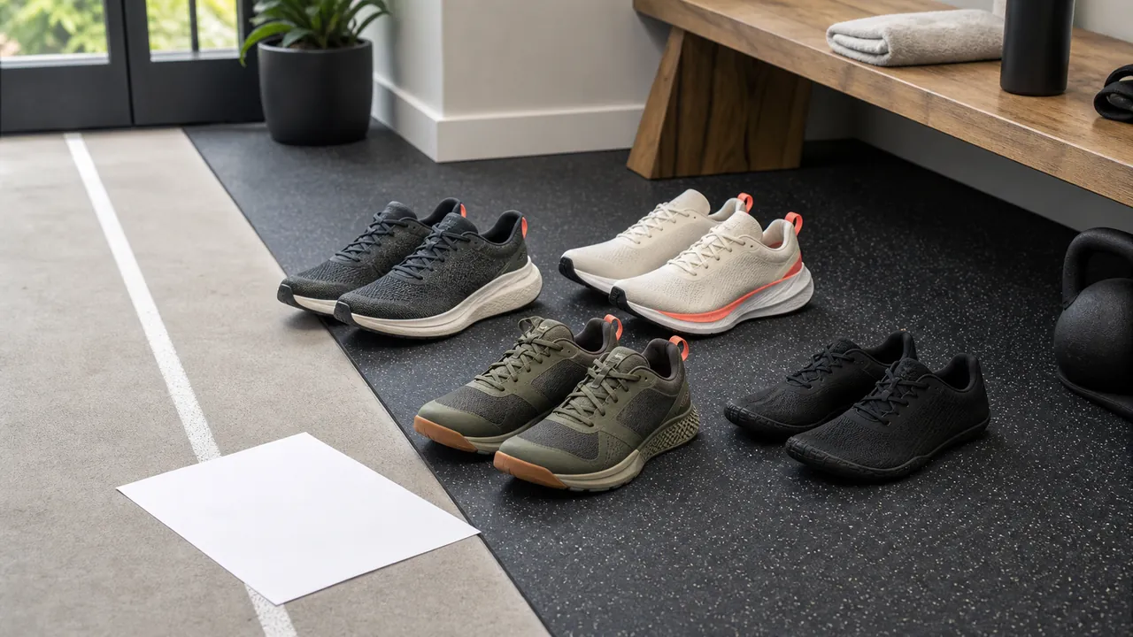 Four pairs of generic athletic shoes beside a clean indoor fit-check sheet in a home gym