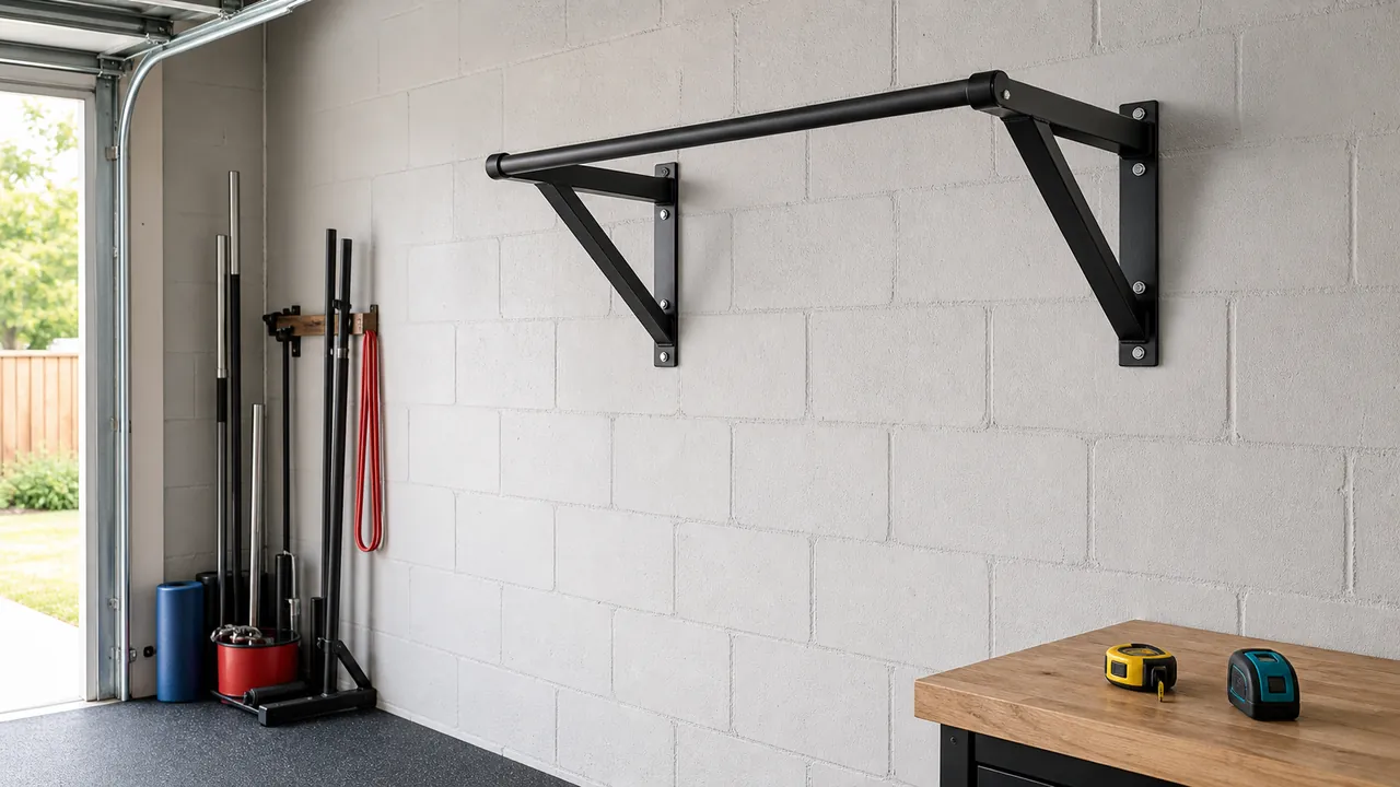 Unbranded wall-mounted pull-up bar on a masonry garage wall with clear floor space below it