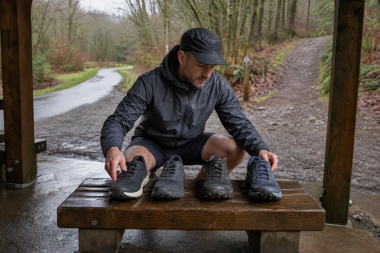 A runner compares four generic unbranded shoes where a wet paved path and muddy trail diverge