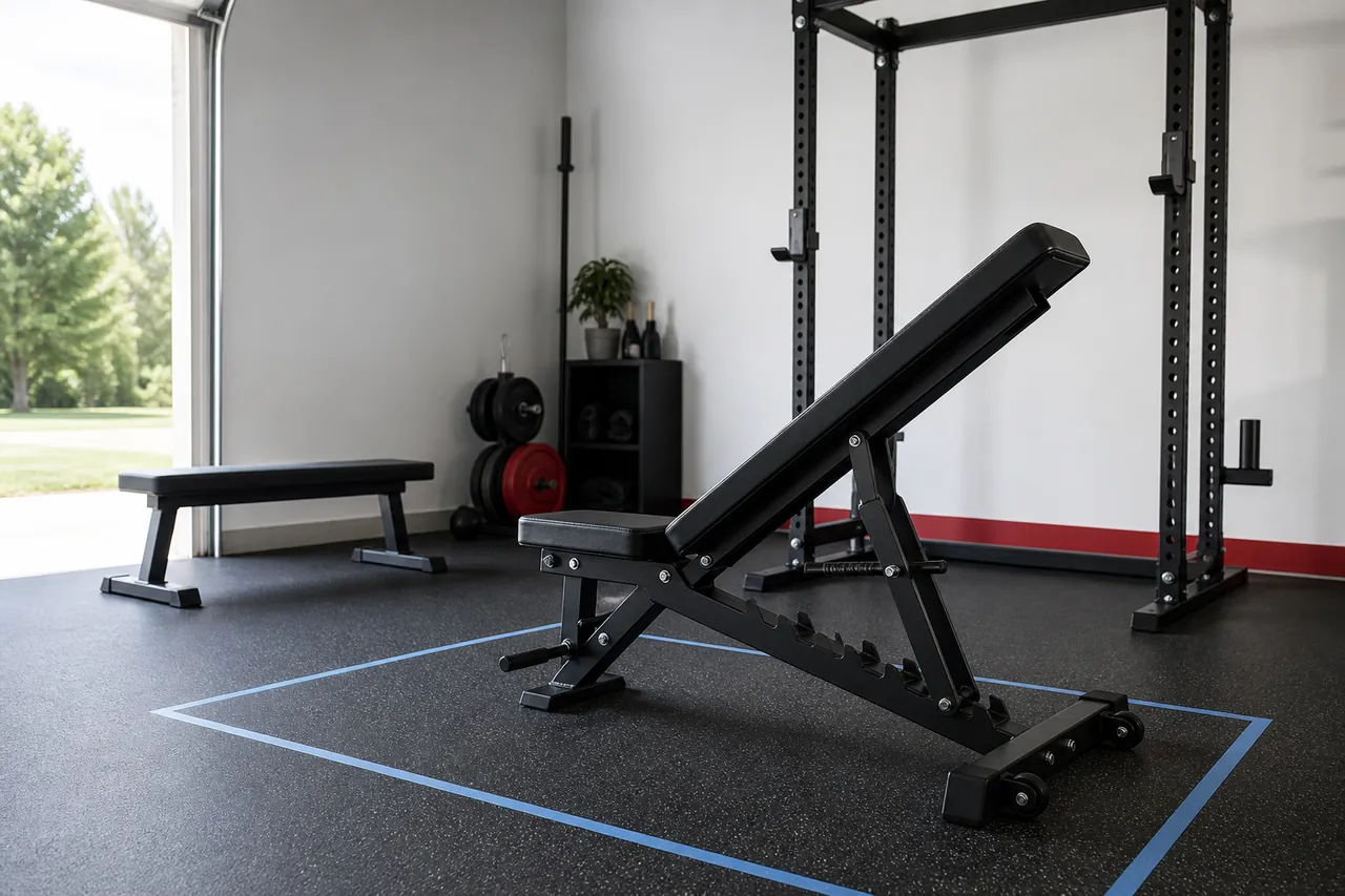 Generic unbranded adjustable bench inside a taped floor outline in a bright garage gym
