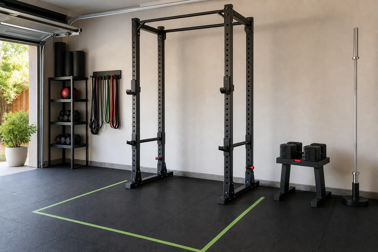 Generic unbranded home-gym rack, adjustable dumbbells and unloaded bar beside a taped floor envelope