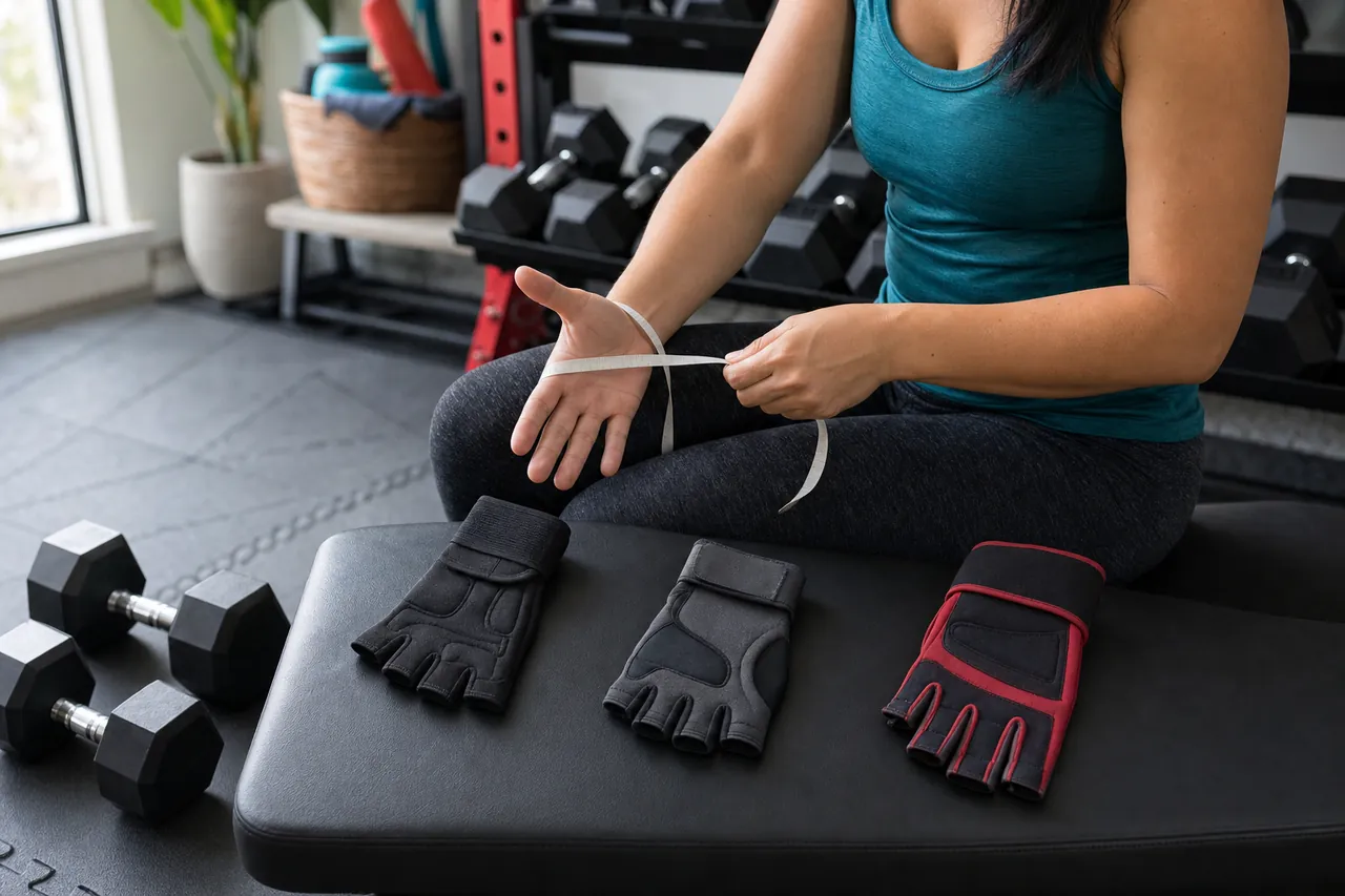 A woman measures her hand beside three generic fingerless lifting gloves in a home gym