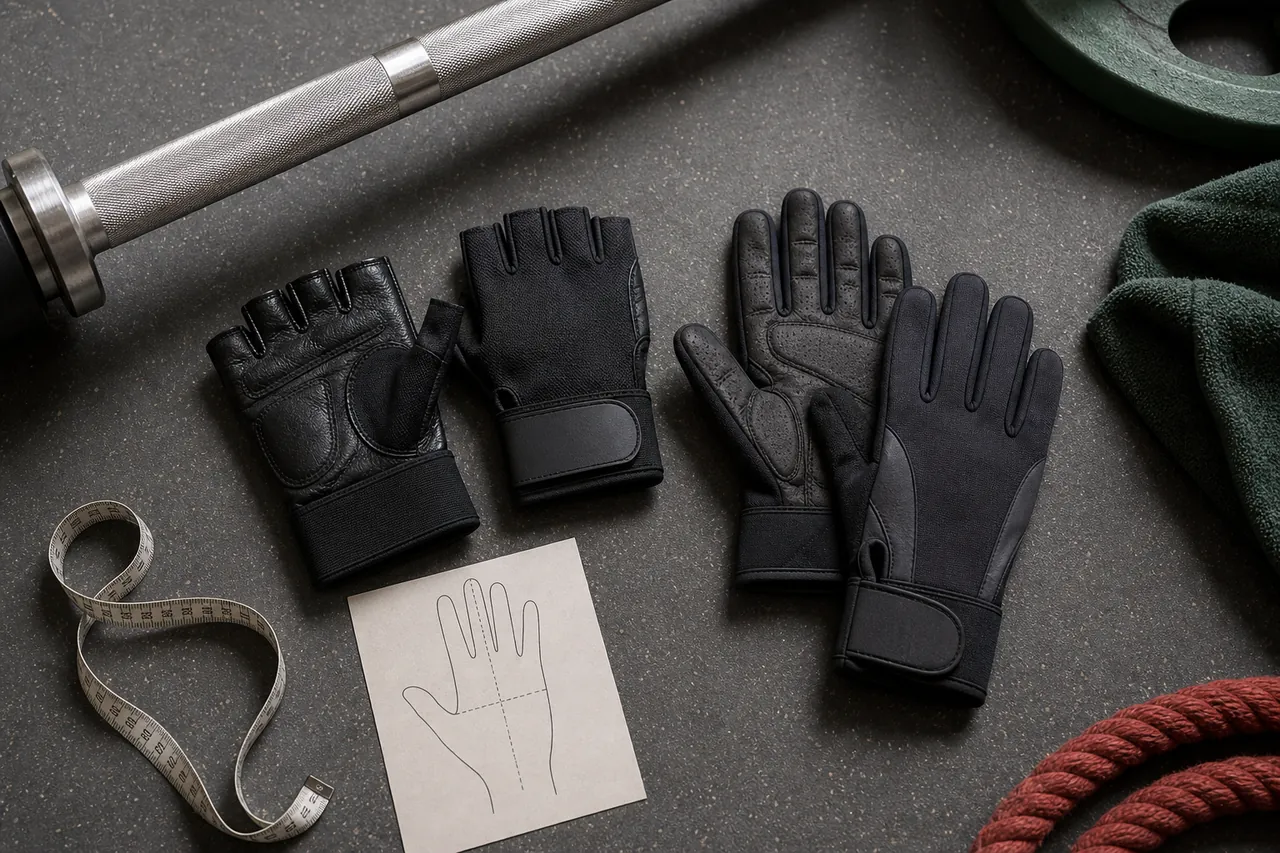 Generic half-finger and full-finger lifting gloves beside a tape measure and unbranded barbell