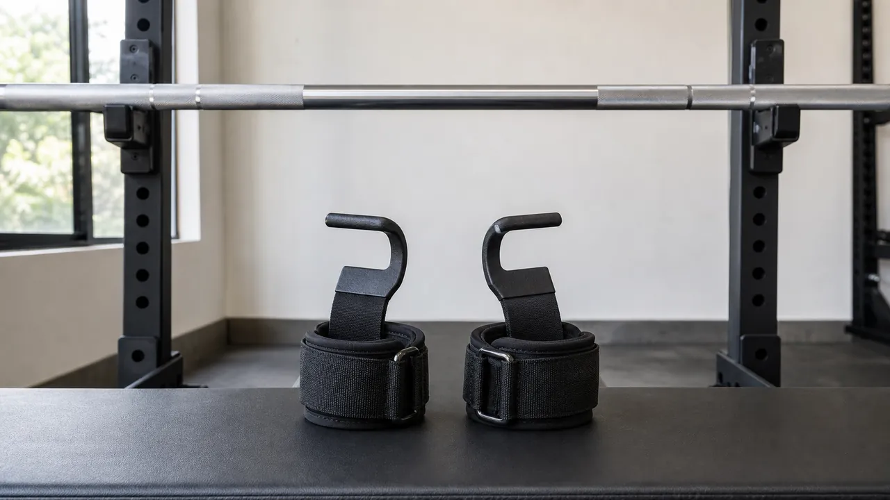 A generic pair of padded lifting hooks on a bench beneath an unloaded barbell.