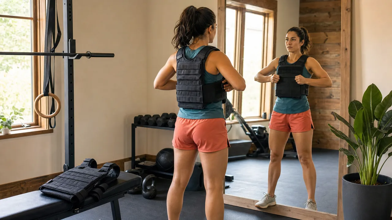 Woman adjusting a generic weighted vest in a bright home gym, with a second unbranded vest on a bench.