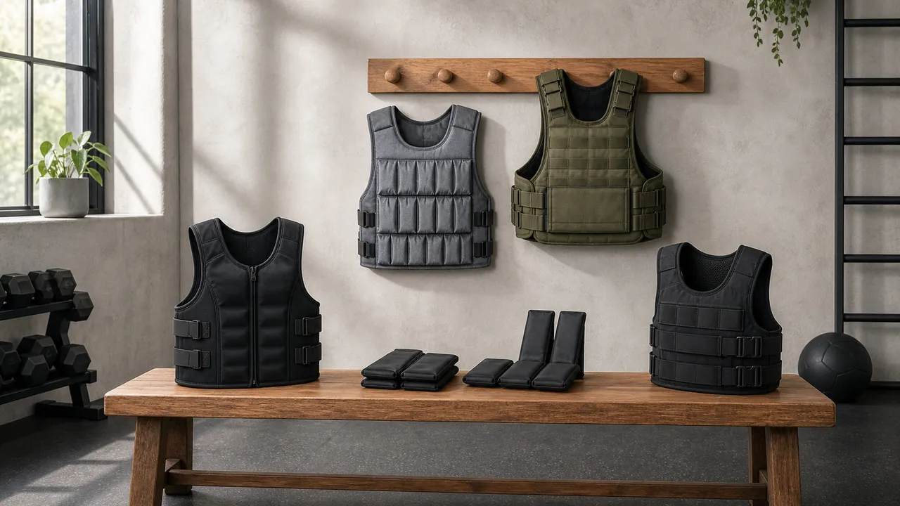 Four generic unbranded weighted exercise vests and removable training inserts in a bright gym