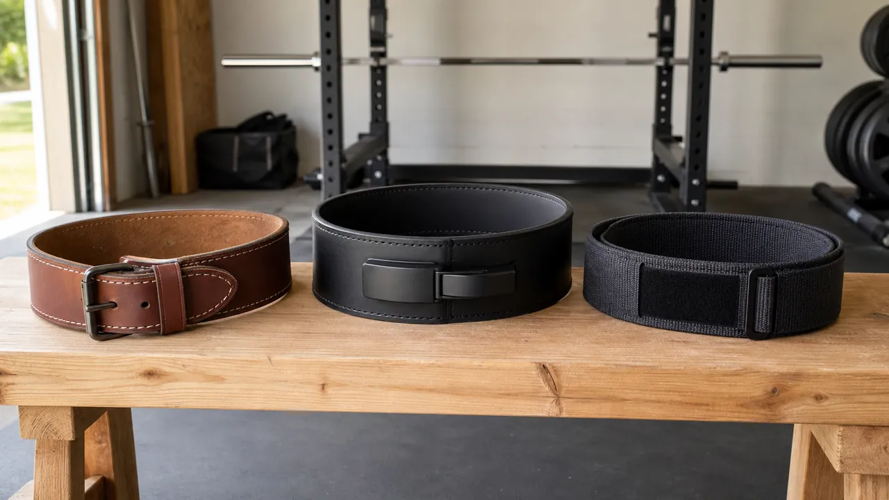 Three generic leather and textile lifting-belt styles on a garage-gym bench