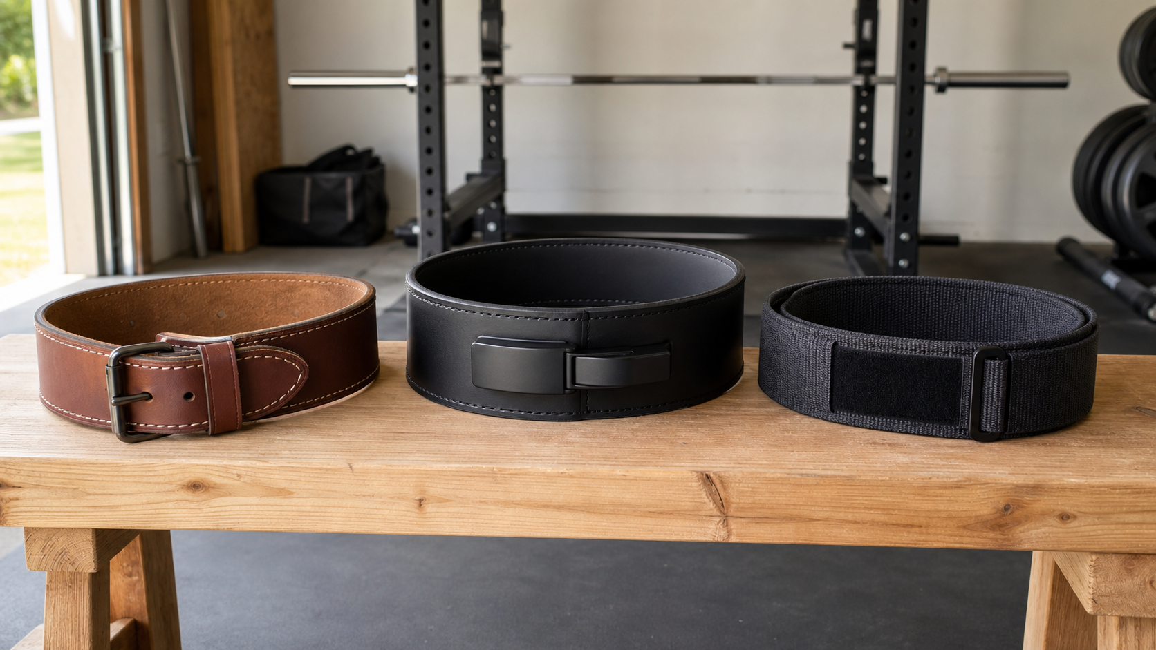 Three generic leather and textile lifting-belt styles on a garage-gym bench