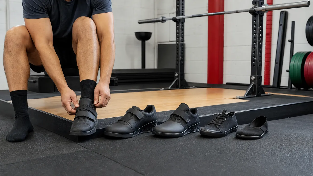 Lifter checking a generic raised-heel shoe beside unbranded lifting shoes on a barbell platform.