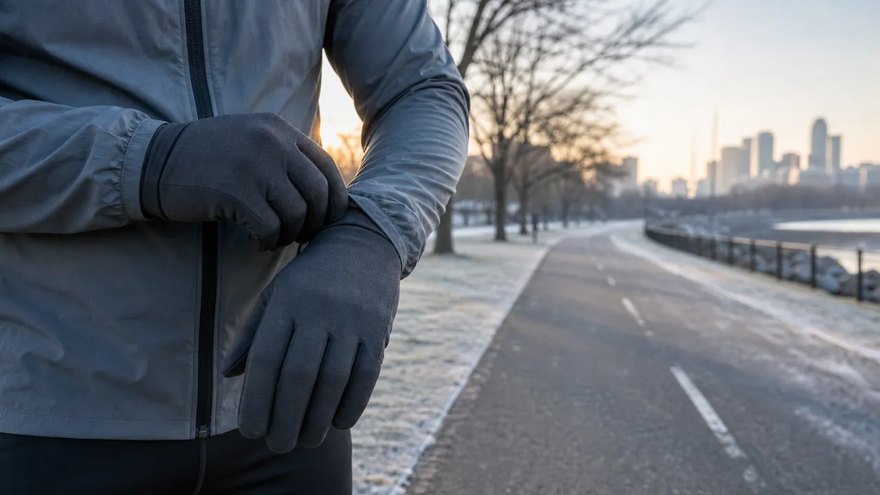 Runner adjusting plain winter gloves beside a frosty urban path