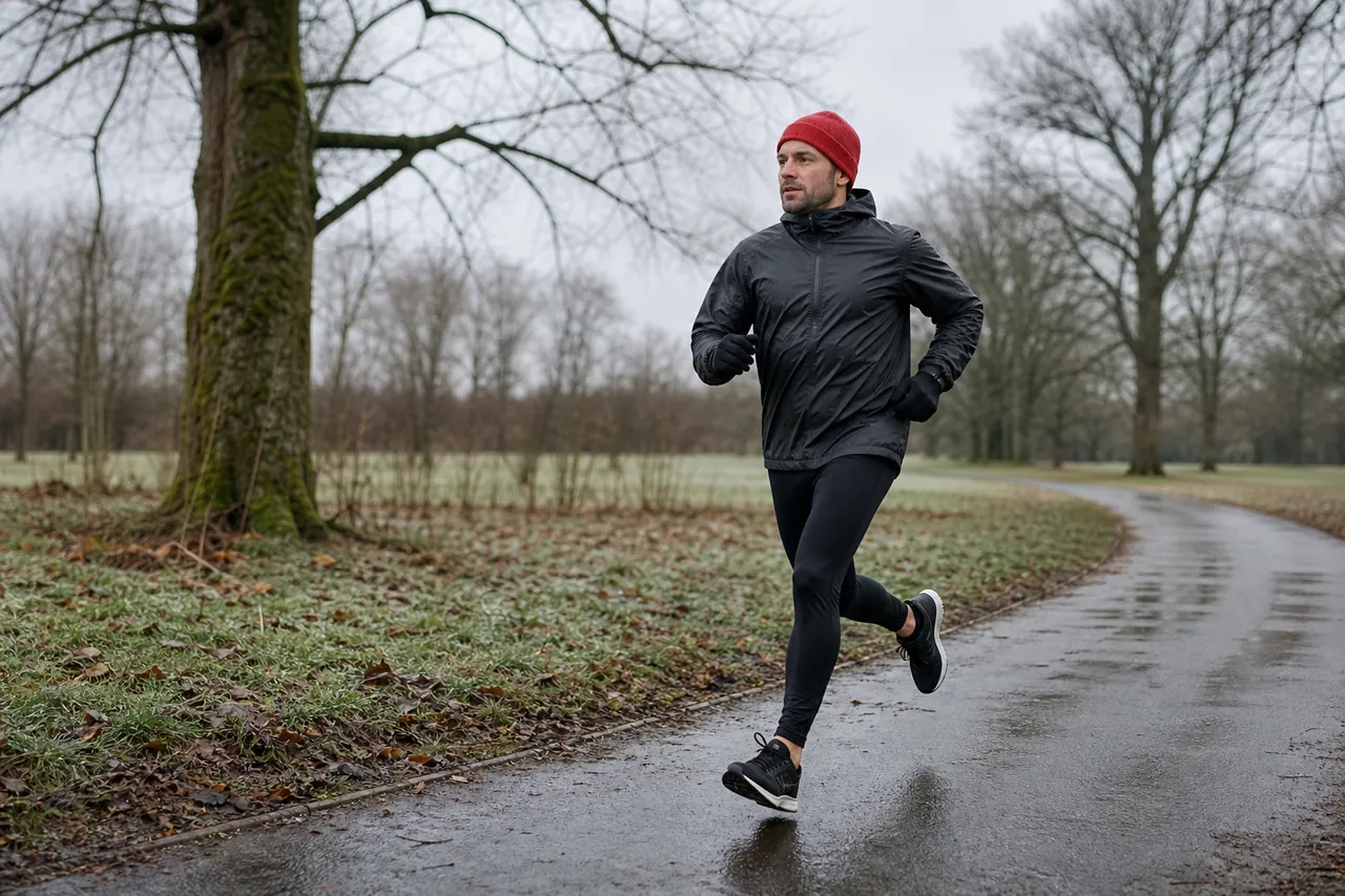 Unbranded runner wearing a plain shell on a cold wet path