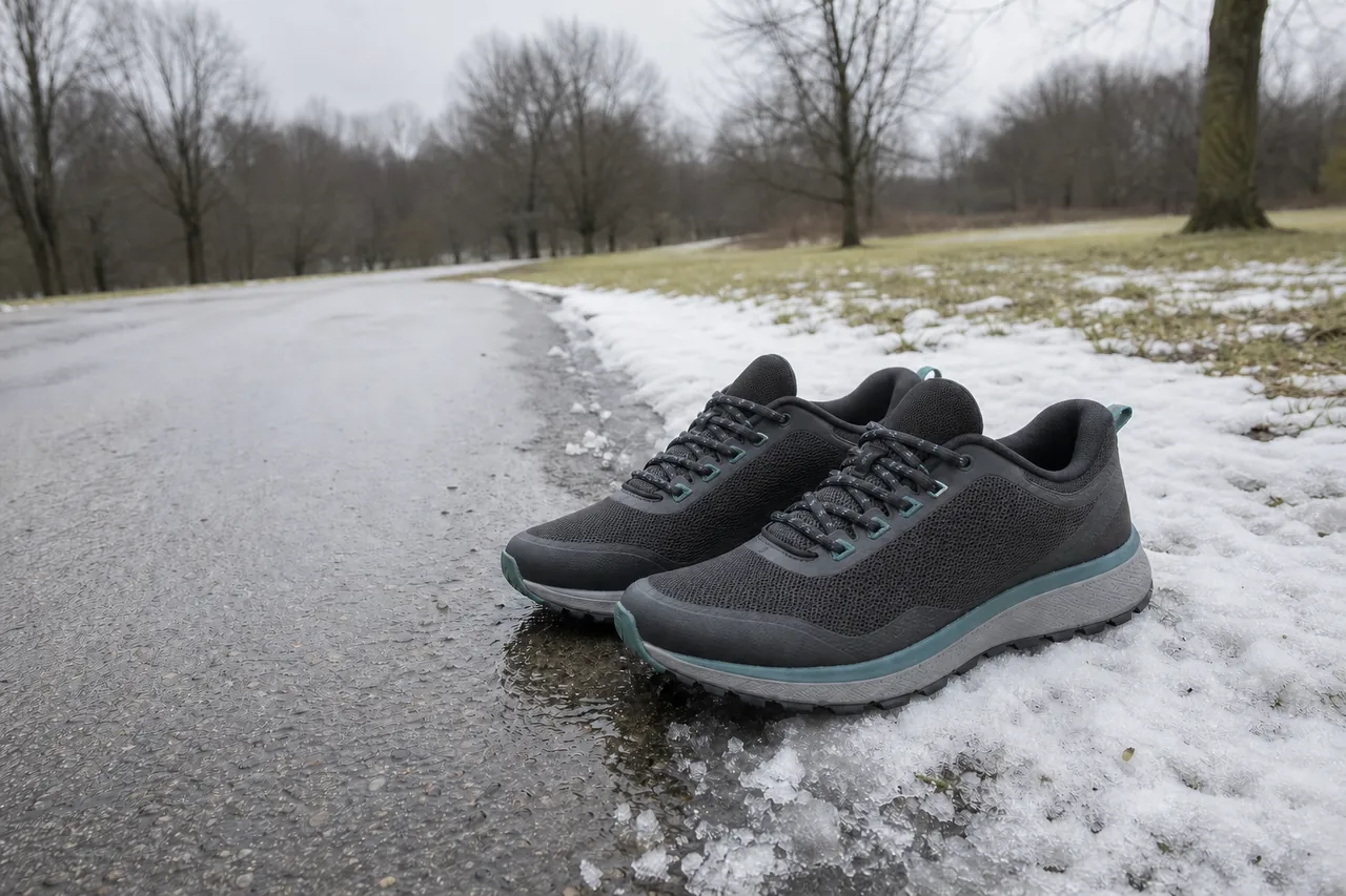 Unbranded winter running shoes beside a wet and snowy path