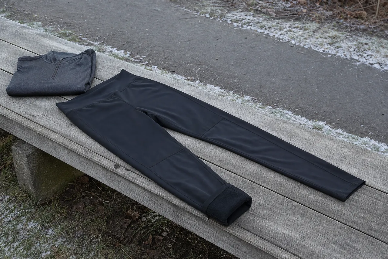 Generic black winter running tights laid on a frosty park bench