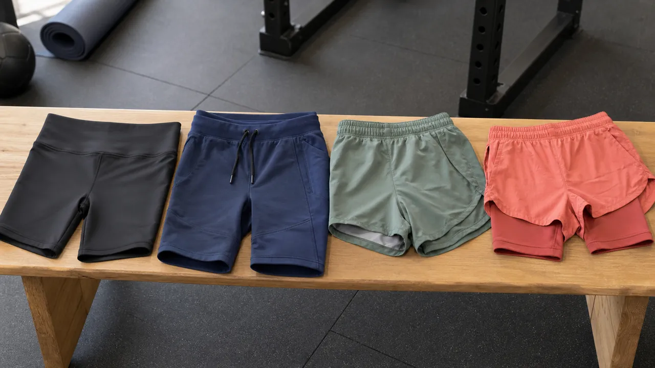 Four unbranded workout shorts on a gym bench: a short tight, drawcord training tight, lined running shell, and two-in-one short.