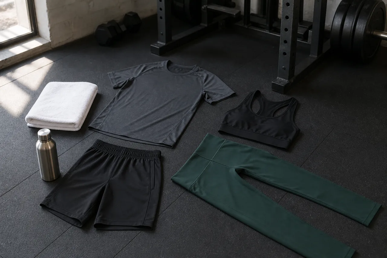 Unbranded workout shirt, shorts, leggings and sports bra on a gym floor