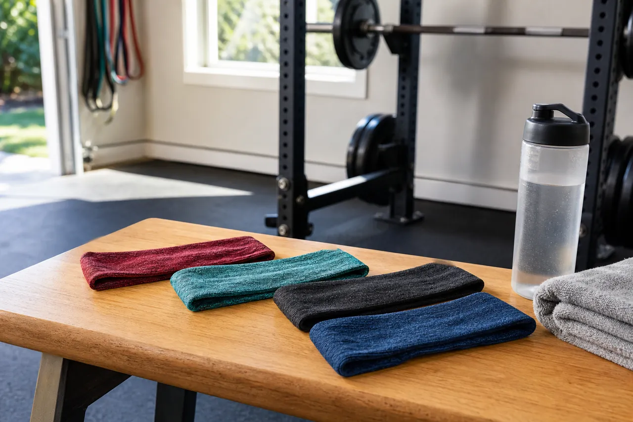 Four generic unbranded fabric workout headbands on a garage gym bench
