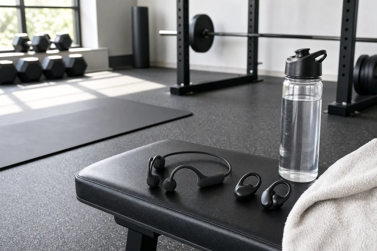 Generic open-ear sport headphones and earhook earbuds on a home-gym bench