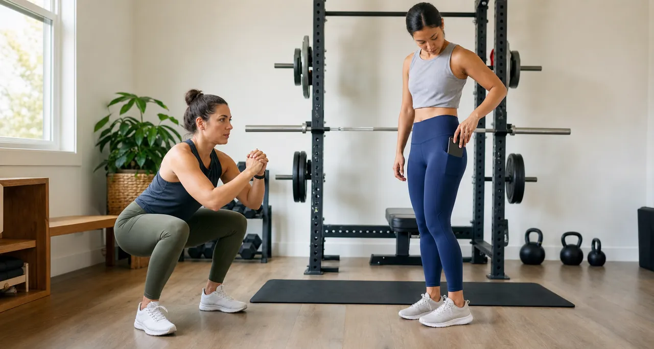 Two women checking generic unbranded workout leggings during a squat and pocket test in a home gym