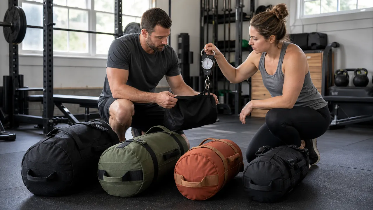 Two adults comparing generic workout sandbags and weighing a filler pouch in a garage gym