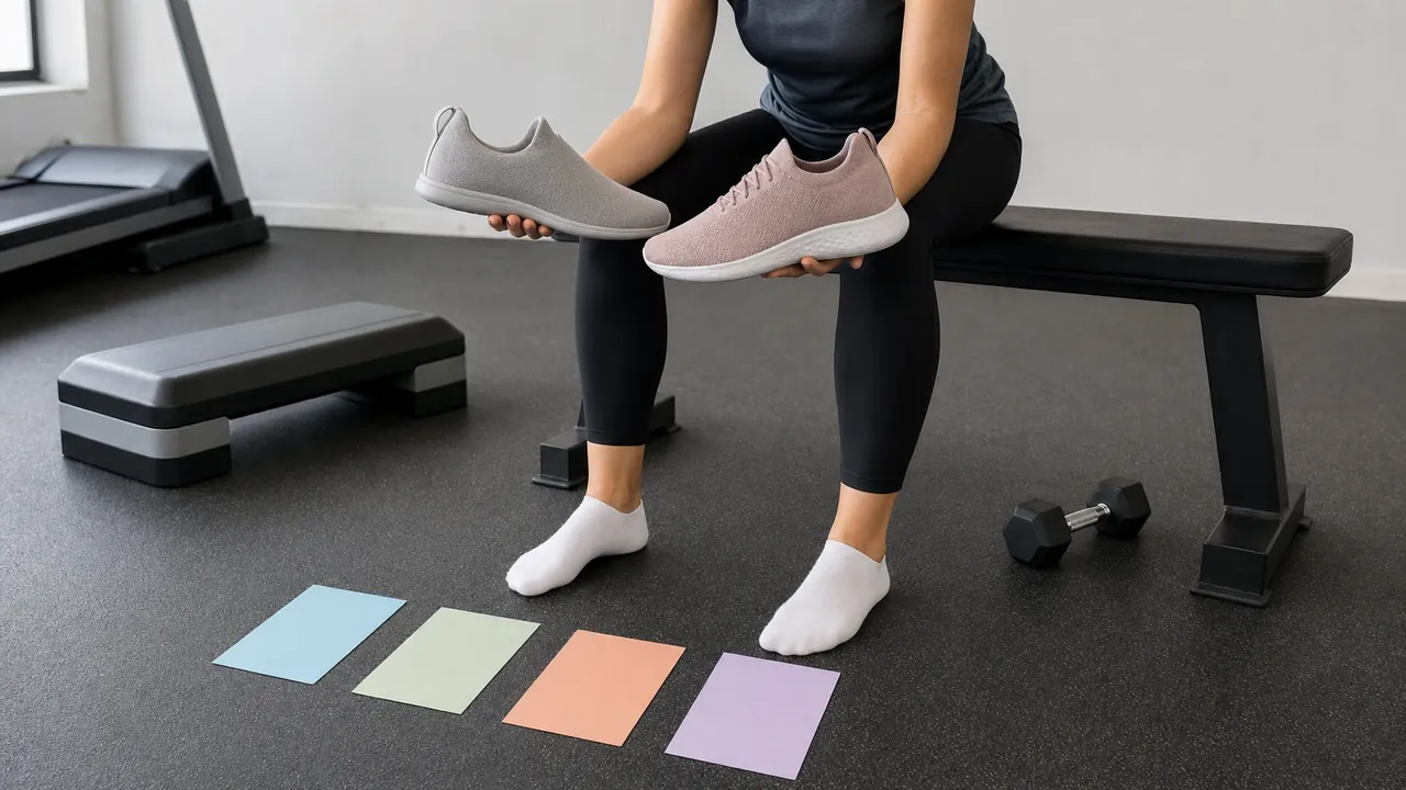 A woman comparing two unbranded workout shoes beside a bench, step and dumbbell
