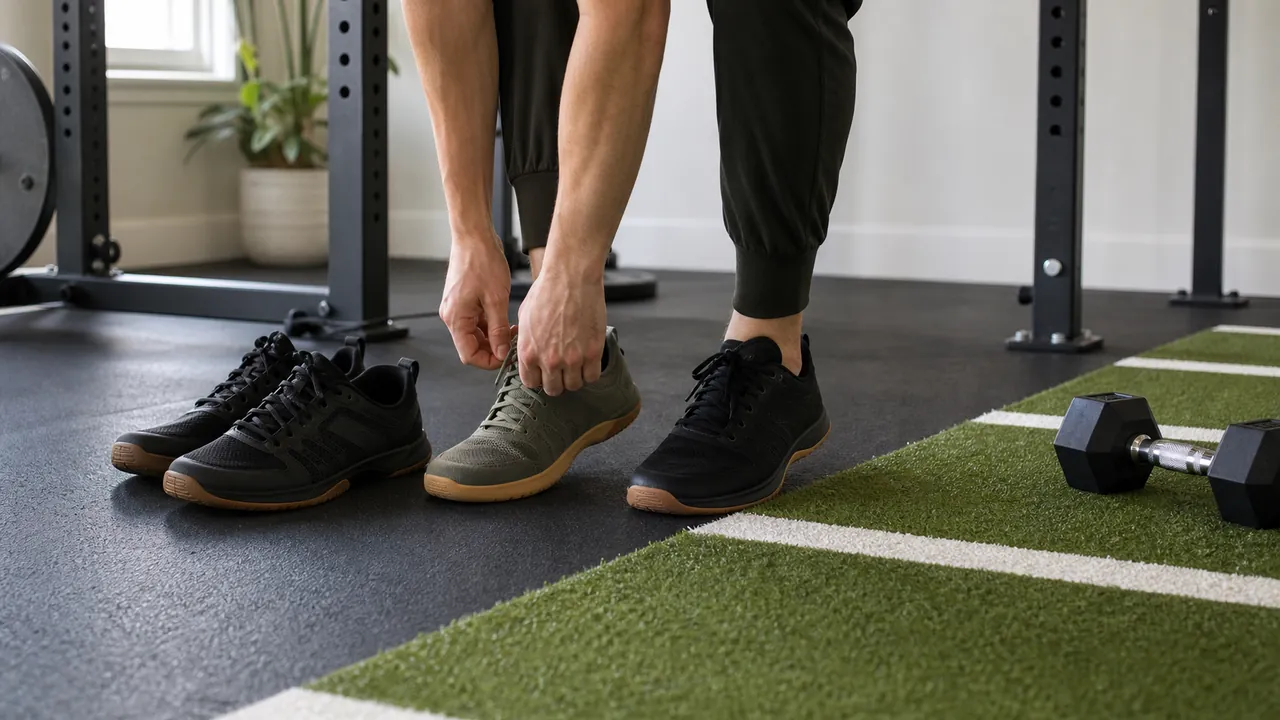 Person tying generic unbranded training shoes beside a rack and turf in a home gym